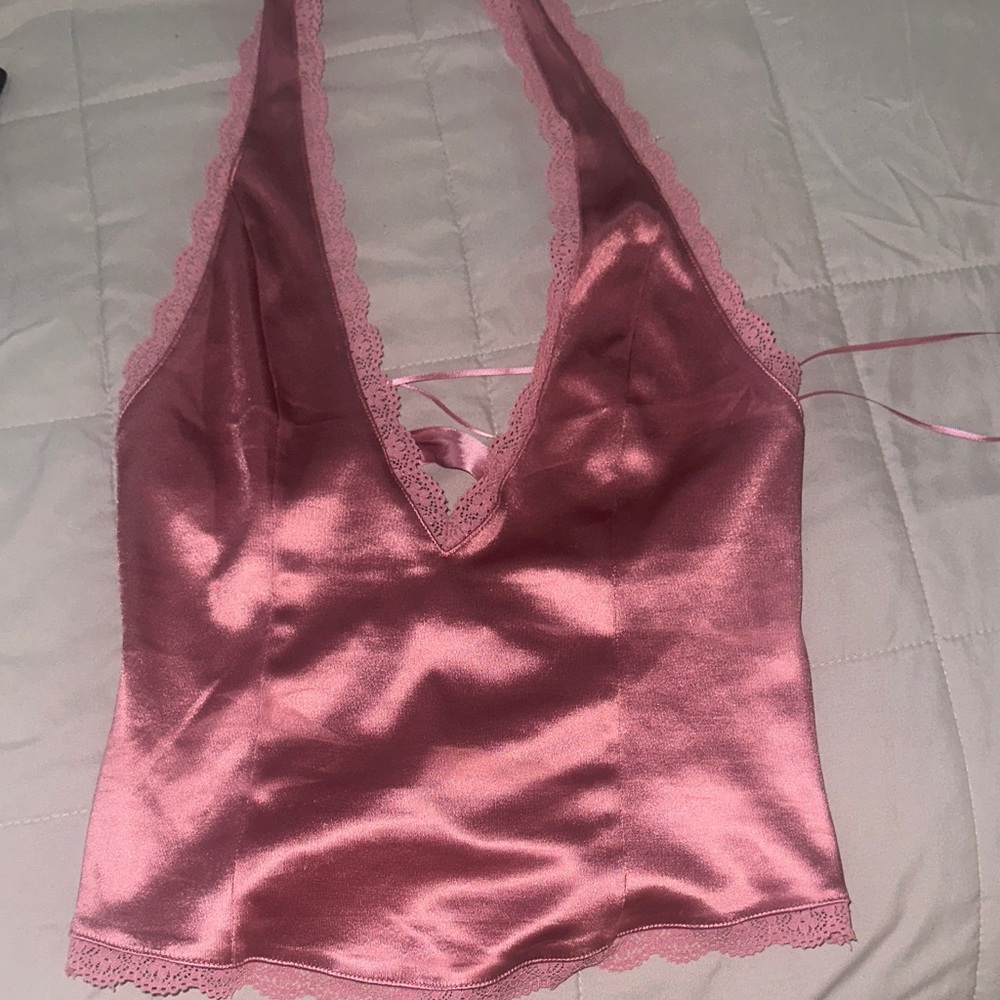 Urban Outfitters Pink Satin Lace Trim Halter Top
